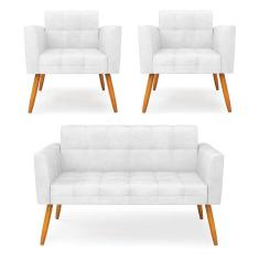 Kit 1 Sofá Namoradeira E 2 Poltronas Elisa Corano Branco Pés Palito Castanho - D`rossi