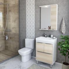 Gabinete para Banheiro com Cuba e Espelheira com Led Eleganza Branco/Legno Crema