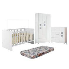 Quarto de Bebê com Berço com Colchão Suporte, Cômoda 1 Porta 4 Gavetas