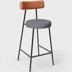 Banqueta Baixa Cozinha Sala Jantar Milão L02 Couríssimo Camel Linho Cinza Escuro - Lyam Decor