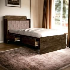 Cama Tamires Baú Castanho Com Capitonê Bege