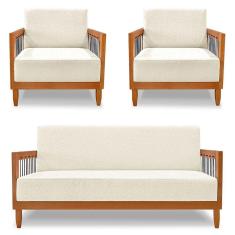 Kit 2 Poltronas E Sofá Living 2 Lugares Marilia 1,60m Linho Natural Base Em Madeira Castanho - Pallazio