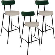 Kit 03 Banquetas Alta Bar Cozinha Sala Jantar Milão L02 Facto Verde Musgo Linho Bege - Lyam Decor