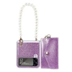 Capa de telefone para cartões de corrente com pulseira de pérola brilhante para Samsung Galaxy Z Flip 4 5G Flip3 Zflip3 Capa de carteira envelope com bolsa de moedas, roxa, para Galaxy Z Fli