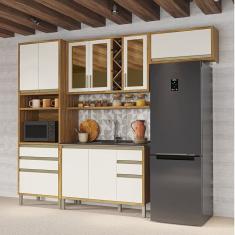 Cozinha Modulada Compacta 4 Peças 9 Portas e Vidro Reflecta 100% Mdf Barbados Espresso Móveis Amêndoa/Off White