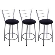 Kit 3 Banquetas Altas Prata com Encosto Assento Preto