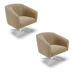 Poltrona Decorativa Giratória Cromada Kit 2 Stella Suede Marrom R D03 