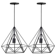 Kit 2 Lustre Pendente Aramado Diamante Piramide (Preto)