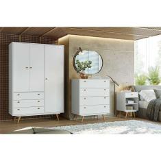 quarto solteiro retrô plus com guarda-roupa 3 pt 3 gv cômoda 4 gv e mesa de cabeceira 1 gv branco