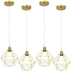 4 Pendentes Aramado Diamante Luminária Lustre Cabo Cristal 1,5 Mt Dour