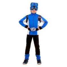 Fantasia Power Rangers Infantil Azul Longo Beast Morphers Com Máscara 