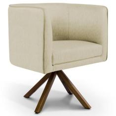 Poltrona Decorativa Base Giratória de Madeira Betina D02 Linho Bege C-