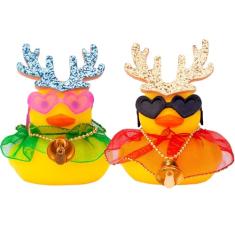 CoFuBcad Enfeite de Natal para carro de pato, 2 peças, decoração de painel de carro de pato de borracha com colar de chifres, óculos de sol, decoração de vestido