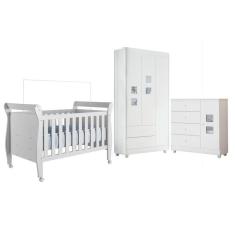 Quarto de Bebê Berço Mini Cama, Cômoda 1 Porta 4 Gavetas e Roupeiro 3 Portas 2 Gavetas Branco