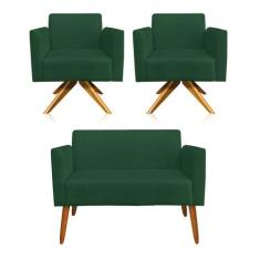Kit 01 Namoradeira e 02 Poltronas Marisa Suede Base Giratória Madeira 