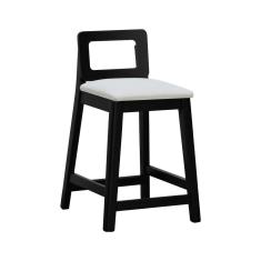 Banqueta Média River Madeira Maciça - Preto Assento Estofado Linho Bege