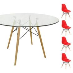 Conjunto Mesa Eames Eiffel Redonda Vidro 90cm + 4 Cadeiras Eames DSW -