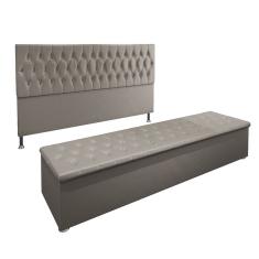 Conjunto Cabeceira Casal e Recamier Baú 1,95m Suede Bege