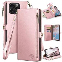 XcaseBar Capa carteira compatível com iPhone 16 Pro de 6,3 polegadas com zíper para cartão de crédito 【bloqueio RFID】, capa flip fólio de couro PU à prova de choque masculina feminina para Apple 16