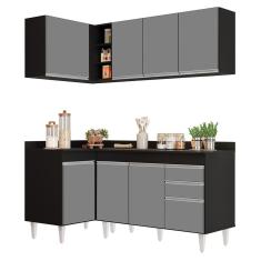 Armário De Cozinha Modulado De Canto Direito 4 Peças Cp38 Balcão Com Tampo Preto/cinza - Lumil