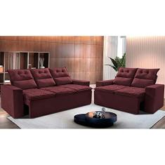 Conjunto de Sofá 3 e 2 Lugares Retrátil e Reclinável 2,00x1,50m Cama Inbox Smal Suede Vinho