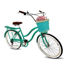 Bicicleta aro 26 feminina vintage cesta tipo vime 6v verde