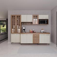 Armário de Cozinha Modulada Completa Fidelitá Paris 5 Peças 260cm 13 Portas 3 Gavetas Com Tampo Nogal/Salinas