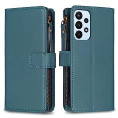 Capa com alça de pulso para Samsung Galaxy A23 4G, 9 compartimentos para cartão, 1 carteira de couro com zíper, fecho magnético com suporte, capa para celular compatível com Samsung A23 4G 6,5