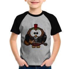 Camiseta Raglan Infantil Coruja Rock Guitarra - Foca na Moda, Cinza, P
