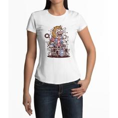 Camiseta ECF Feminina Gorila Baterista Manga Curta Branca Poliester