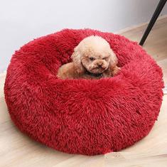 Cama de cachorro calmante e cama de gato, Cama redonda aconchegante para cães macios e aconchegantes, pelúcia sintética fofa almofada para cães e gatos pequenos, diâmetro 28 cm