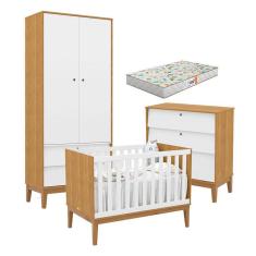 Quarto de Bebe Unique 2 Portas com Cômoda Gaveteiro Freijó Branco Soft Eco Wood e Colchão Gazin - Matic