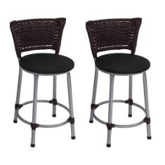 Kit 2 Banquetas Baixa Prata Junco Argila com Assento Preto Fortmix