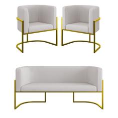 Kit 2 Poltronas + Sofá 2 Lugares Base De Metal Gold Veludo Bege