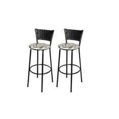 Jogo 2 Banqueta Alta Para Cozinha Ratan Preta Estofado Floral - Lamar 