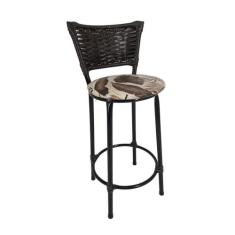 Banqueta Alta Preta com Encosto Junco Argila Assento Floral Marrom - F