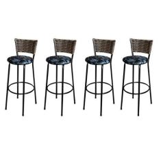 Jogo 4 Banqueta Alta Para Cozinha Ratan Cappuccino Preta Estofado Flor