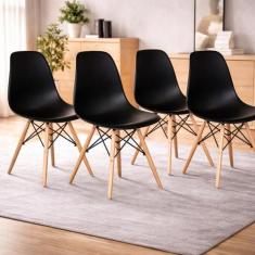 Kit 4 Cadeiras Charles Eames Eiffel Wood Design Jantar Preta - UNIVERS
