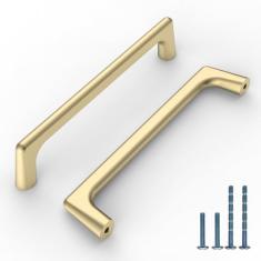 9BUILD Pacote com 10 puxadores de armário de ouro escovado, orifício central de 12 cm, resistente e fácil de instalar, ferragens de armário dourado para armários, armários e gavetas