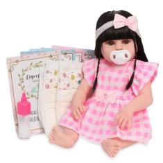 Boneca Reborn Realista Morena 46cm Vestido Xadrez Rosa - Cegonha Rebor