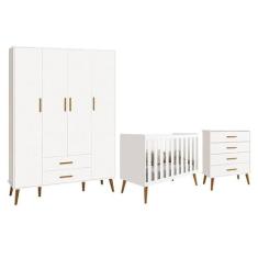 Dormitório Infantil Isis Guarda Roupa 4 Portas, Cômoda e Berço Branco 