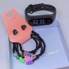 Kit Relógio Infantil Digital Bracelete Prova Agua + Conjunto Pulseiras