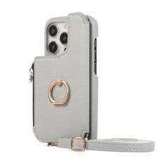 Suporte de anel crossbody com zíper cartões Solt carteira capa de couro para iPhone 15 Pro Max 14 Plus 13 12 11 SE 2022 capa espelhada, cinza azul, para iPhone 14