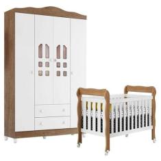 Berço Americano Lila e Guarda Roupa Infantil New Selena 4 Portas Branc
