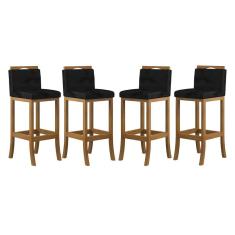 Kit 4 Banquetas Média Encosto Estofado 38x92Cm Turim Madeira Maciça Amêndoa Suede Preto CCS