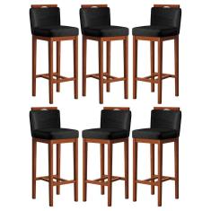 Kit 6 Banquetas Alta Estofada com Encosto 38x102 Cm Líbia Madeira Maciça Suede Preto CCS