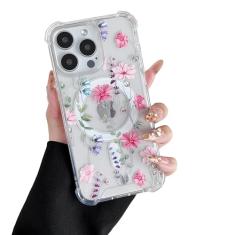 DEFBSC Capa magnética para iPhone 16 Pro Work with Magsafe, design de estampa floral transparente com estampa de acrílico flexível à prova de choque para mulheres e meninas, capa protetora de flores,