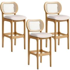 Kit 03 Banquetas Altas Para Cozinha Bancada Sala Tela Betta Fixa L02 Linho Cru - Lyam