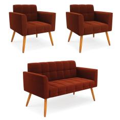 Namoradeira e 2 Poltronas Pé Palito Castanho Elisa Bouclê Terra D03 - D`Rossi