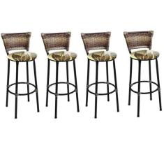 Kit 4 Banquetas Altas Preta com Encosto Junco Capuccino Assento Floral